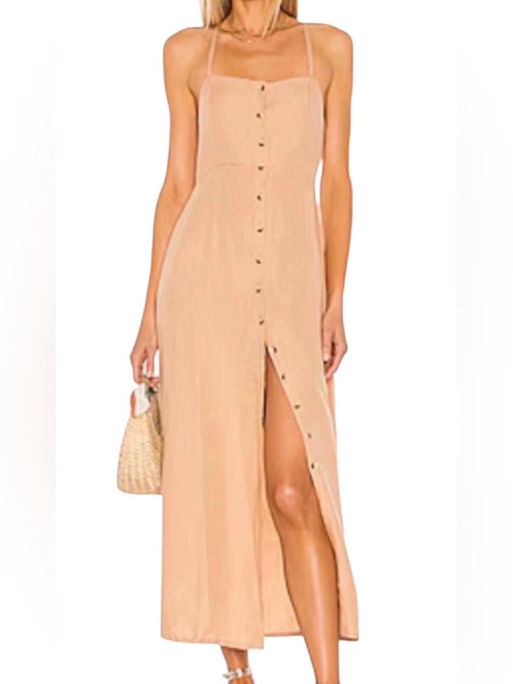 EUC Amuse Society Peach Button Front Midi Dress Women's Medium Boho Cottagecore